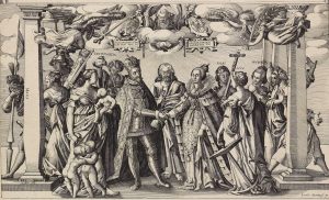 Rycina przedstawiająca alegoryczny obraz ślubu Ferdynanda II Habsburga i Eleonory Gonzagi